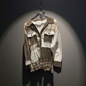 Unique Patchwork Flannel Shirt Jacket Star Back Oversized Brown Tan White